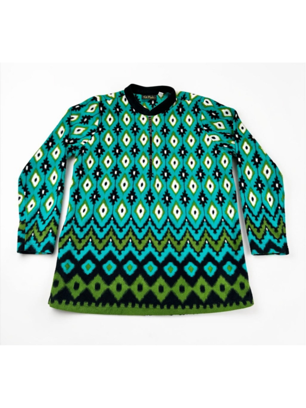 Bob Mackie Wearable Art Women’s Fleece Sweater Size M Green Black Ikat Half Zip
